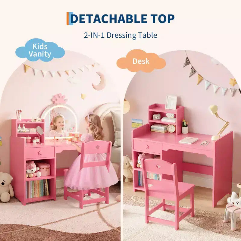 Tavolino da trucco per bambini con specchio a corona illuminato a LED, scrivania da trucco da principessa con cassetti e ripiani aperti, set da trucco con sedia per camera da letto