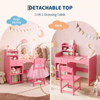 Tavolino da trucco per bambini con specchio a corona illuminato a LED, scrivania da trucco da principessa con cassetti e ripiani aperti, set da trucco con sedia per camera da letto