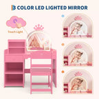 Tavolino da trucco per bambini con specchio a corona illuminato a LED, scrivania da trucco da principessa con cassetti e ripiani aperti, set da trucco con sedia per camera da letto