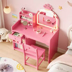 Tavolino da trucco per bambini con specchio a corona illuminato a LED, scrivania da trucco da principessa con cassetti e ripiani aperti, set da trucco con sedia per camera da letto