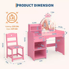 Tavolino da trucco per bambini con specchio a corona illuminato a LED, scrivania da trucco da principessa con cassetti e ripiani aperti, set da trucco con sedia per camera da letto