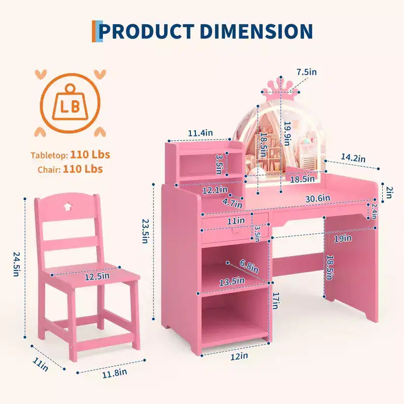 Tavolino da trucco per bambini con specchio a corona illuminato a LED, scrivania da trucco da principessa con cassetti e ripiani aperti, set da trucco con sedia per camera da letto