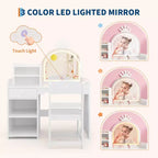 Tavolino da trucco per bambini con specchio a corona illuminato a LED, scrivania da trucco da principessa con cassetti e ripiani aperti, set da trucco con sedia per camera da letto