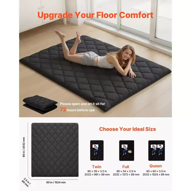 Materassino Tatami Giapponese, Materasso Tatami Pieghevole Queen Size, Materasso Futon con Borsa per il Trasporto, Materassino da Pavimento a 9 Strati, 203 x 152 x 8.9 cm, Nero