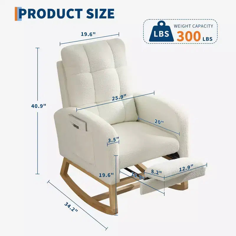 Sedia a dondolo da asilo nido con poggiapiedi - Poltrona a dondolo imbottita con schienale alto, poltrona moderna con braccioli, tasca laterale e gambe in legno per camera da letto, soggiorno