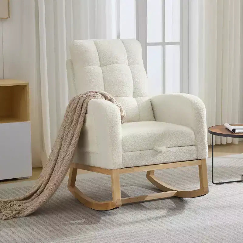Sedia a dondolo da asilo nido con poggiapiedi - Poltrona a dondolo imbottita con schienale alto, poltrona moderna con braccioli, tasca laterale e gambe in legno per camera da letto, soggiorno