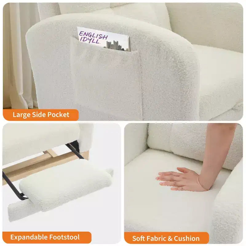Sedia a dondolo da asilo nido con poggiapiedi - Poltrona a dondolo imbottita con schienale alto, poltrona moderna con braccioli, tasca laterale e gambe in legno per camera da letto, soggiorno