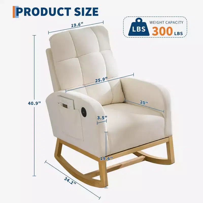 Sedia a dondolo da asilo nido con poggiapiedi - Poltrona a dondolo imbottita con schienale alto, poltrona moderna con braccioli, tasca laterale e gambe in legno per camera da letto, soggiorno