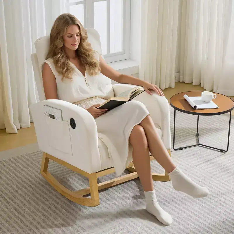 Sedia a dondolo da asilo nido con poggiapiedi - Poltrona a dondolo imbottita con schienale alto, poltrona moderna con braccioli, tasca laterale e gambe in legno per camera da letto, soggiorno