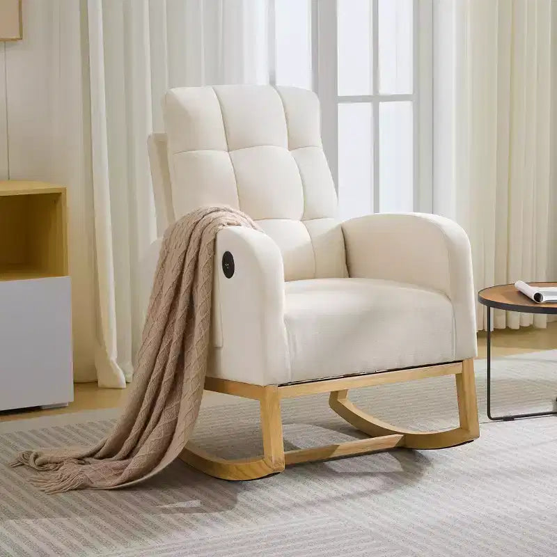 Sedia a dondolo da asilo nido con poggiapiedi - Poltrona a dondolo imbottita con schienale alto, poltrona moderna con braccioli, tasca laterale e gambe in legno per camera da letto, soggiorno