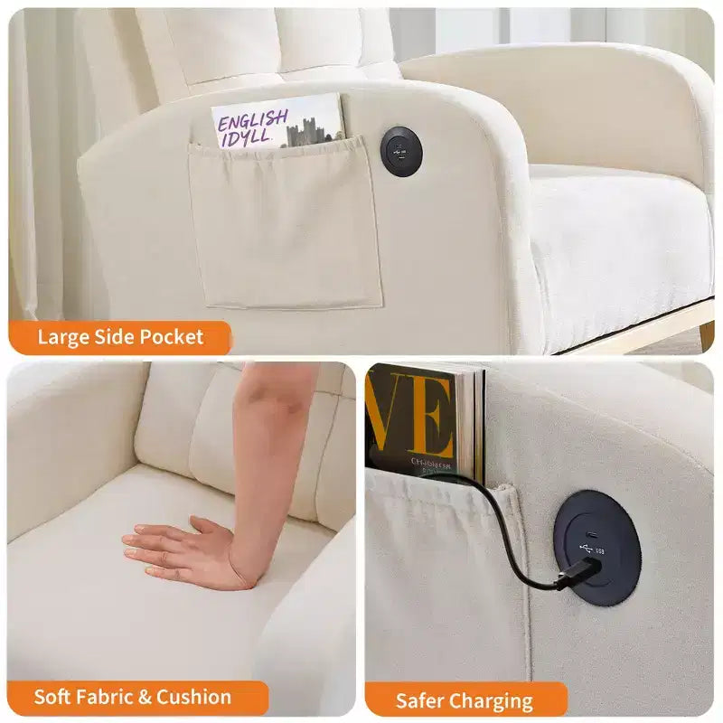 Sedia a dondolo da asilo nido con poggiapiedi - Poltrona a dondolo imbottita con schienale alto, poltrona moderna con braccioli, tasca laterale e gambe in legno per camera da letto, soggiorno