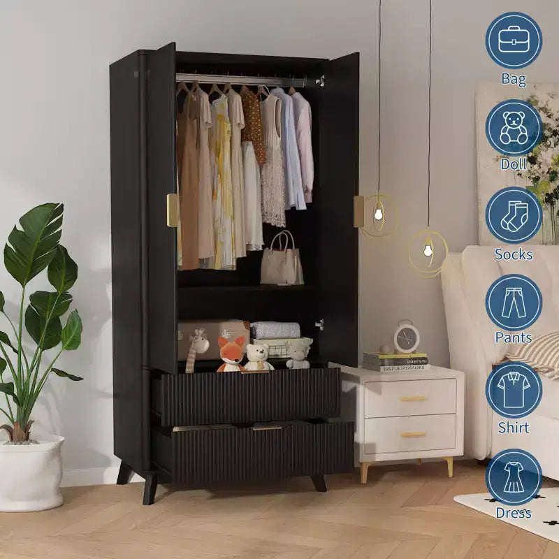 Armadio Guardaroba in Legno, Armadio da Camera in Legno da 180 cm con 2 Ante, 1 Ripiano Regolabile e 2 Cassetti, Armadio con Asta Appendiabiti per Camera da Letto