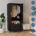 Armadio Guardaroba in Legno, Armadio da Camera in Legno da 180 cm con 2 Ante, 1 Ripiano Regolabile e 2 Cassetti, Armadio con Asta Appendiabiti per Camera da Letto