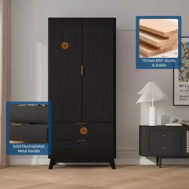 Armadio Guardaroba in Legno, Armadio da Camera in Legno da 180 cm con 2 Ante, 1 Ripiano Regolabile e 2 Cassetti, Armadio con Asta Appendiabiti per Camera da Letto
