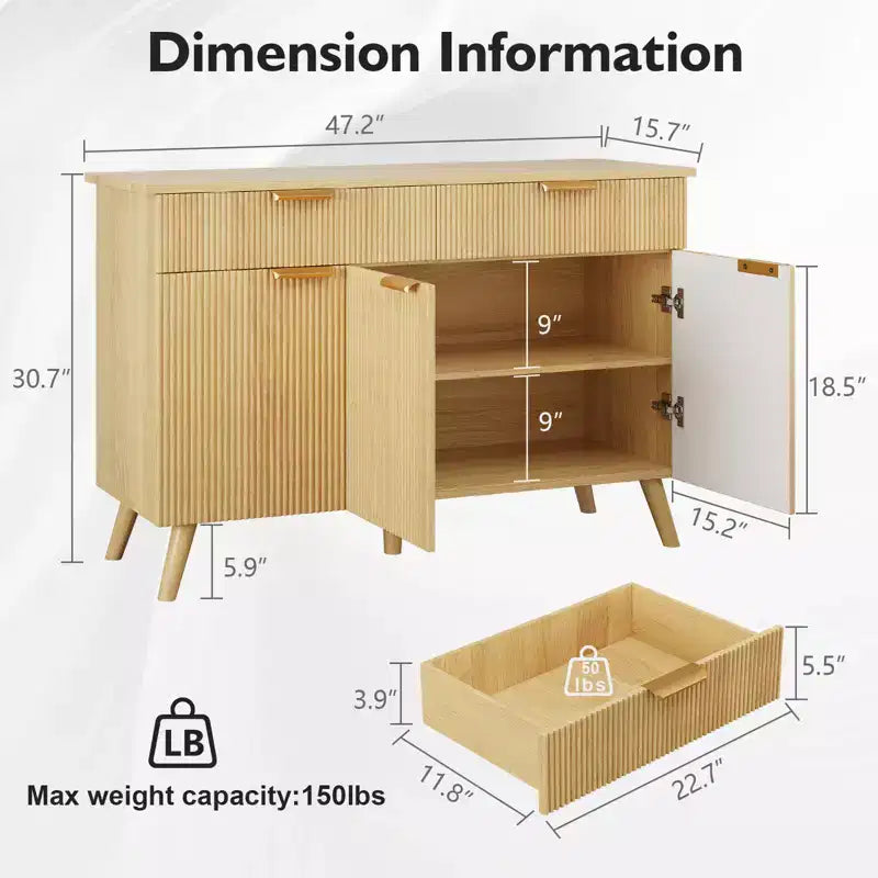 Credenza a onda scanalata con cassetti e 3 ante