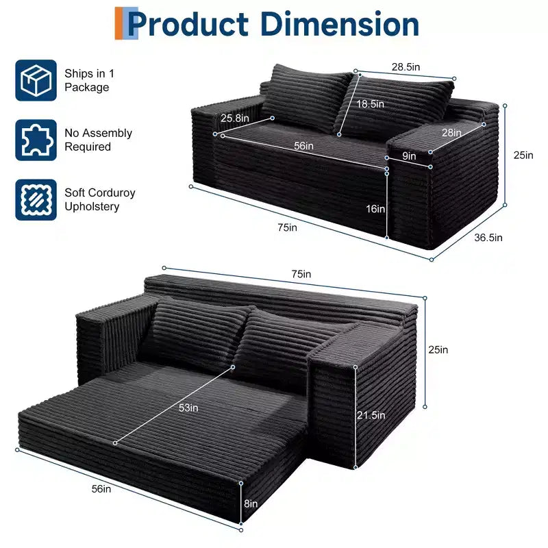 Divano Letto Convertibile, Divano Letto Senza Struttura con 2 Cuscini, Divano Estraibile Pieghevole, Divano Letto a Due Posti, Divano Futon per Soggiorno Camera da Letto