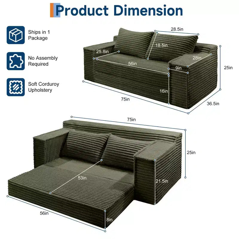 Divano Letto Convertibile, Divano Letto Senza Struttura con 2 Cuscini, Divano Estraibile Pieghevole, Divano Letto a Due Posti, Divano Futon per Soggiorno Camera da Letto
