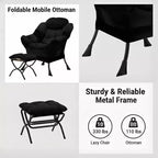 Poltrona pigra con poggiapiedi pieghevole, rivestimento in velluto, struttura in metallo, tasca laterale, colore nero