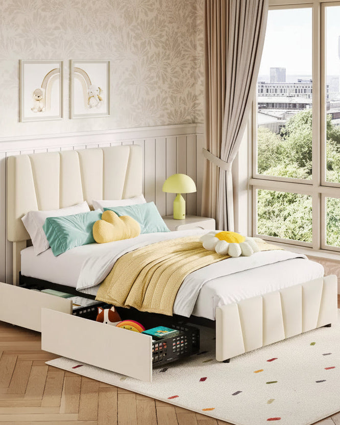 Versatile Upholstered Platform Bed Frame, Adjustable Headboard, Wooden Slats Support, No Box Spring Needed, Integrated Storage Drawers