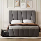 Telaio letto imbottito versatile con piattaforma, testiera regolabile, supporto con doghe in legno, nessun bisogno di rete, cassetti portaoggetti integrati