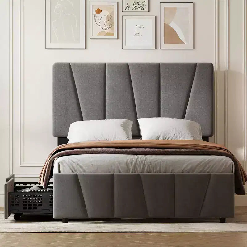 Telaio letto imbottito versatile con piattaforma, testiera regolabile, supporto con doghe in legno, nessun bisogno di rete, cassetti portaoggetti integrati