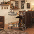 Carrello Bar Portatile a 2 Ripiani con Specchio, Carrello Servizio Rotante con Portabottiglie, Portabicchieri, per Servire Bevande in Casa, Sala da Pranzo e Soggiorno