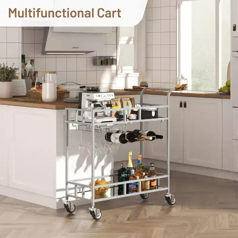 Carrello Bar Portatile a 2 Ripiani con Specchio, Carrello Servizio Rotante con Portabottiglie, Portabicchieri, per Servire Bevande in Casa, Sala da Pranzo e Soggiorno