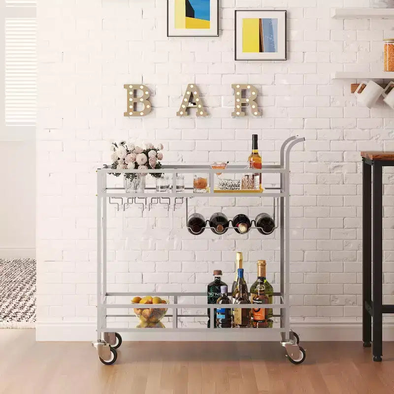 Carrello Bar Portatile a 2 Ripiani con Specchio, Carrello Servizio Rotante con Portabottiglie, Portabicchieri, per Servire Bevande in Casa, Sala da Pranzo e Soggiorno