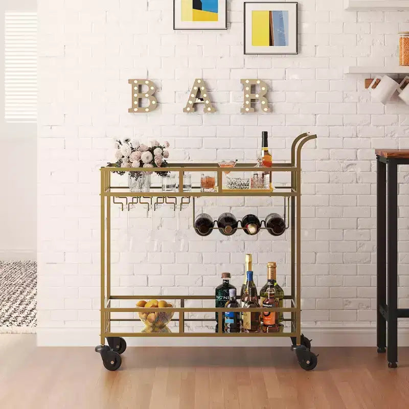 Carrello Bar Portatile a 2 Ripiani con Specchio, Carrello Servizio Rotante con Portabottiglie, Portabicchieri, per Servire Bevande in Casa, Sala da Pranzo e Soggiorno