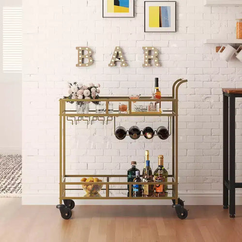 Carrello Bar Portatile a 2 Ripiani con Specchio, Carrello Servizio Rotante con Portabottiglie, Portabicchieri, per Servire Bevande in Casa, Sala da Pranzo e Soggiorno