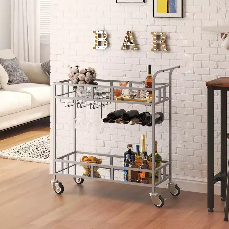 Carrello Bar Portatile a 2 Ripiani con Specchio, Carrello Servizio Rotante con Portabottiglie, Portabicchieri, per Servire Bevande in Casa, Sala da Pranzo e Soggiorno