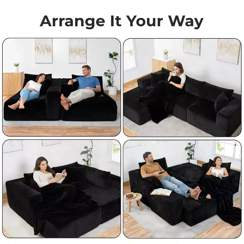 Divano componibile modulare Cloud 110 con chaise longue, divano a L con seduta profonda, divano componibile senza telaio rivestito in morbido velluto a coste