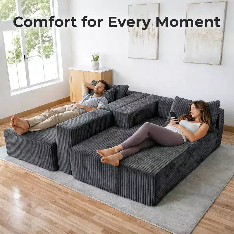 Divano componibile modulare Cloud 110 con chaise longue, divano a L con seduta profonda, divano componibile senza telaio rivestito in morbido velluto a coste