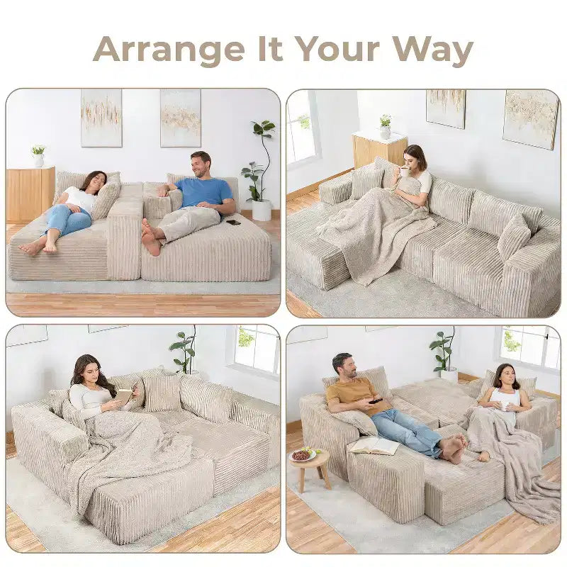 Divano componibile modulare Cloud 110 con chaise longue, divano a L con seduta profonda, divano componibile senza telaio rivestito in morbido velluto a coste