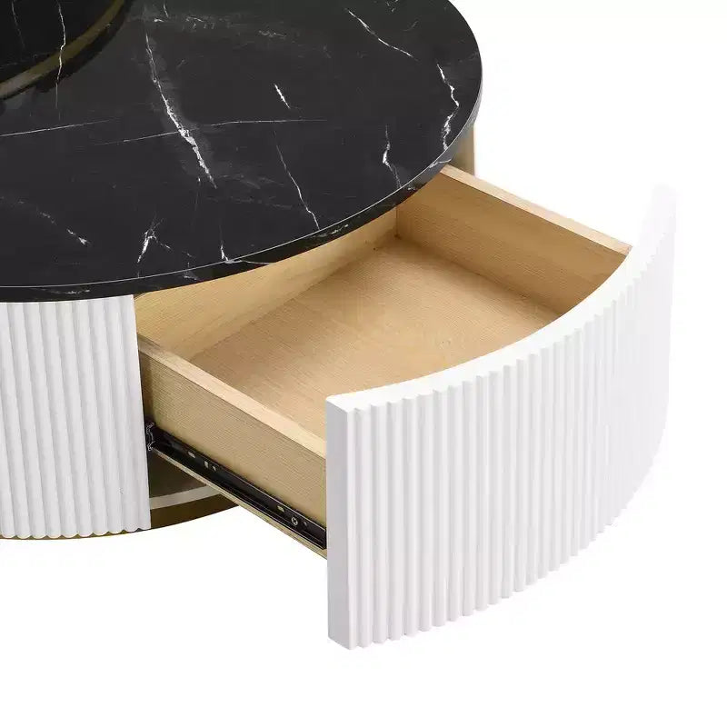 Tavolino da caffè moderno rotondo a incastro con base scanalata, cassetto