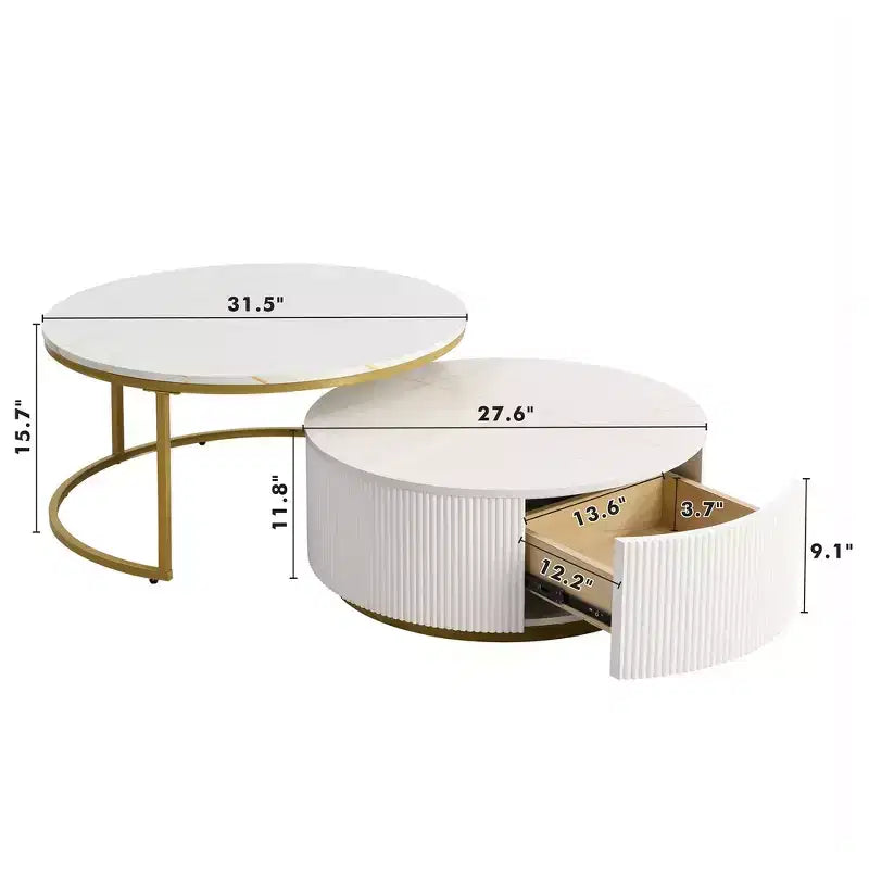 Tavolino da caffè moderno rotondo a incastro con base scanalata, cassetto