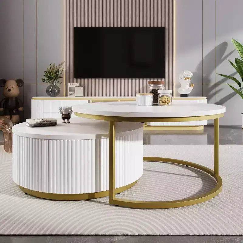 Tavolino da caffè moderno rotondo a incastro con base scanalata, cassetto