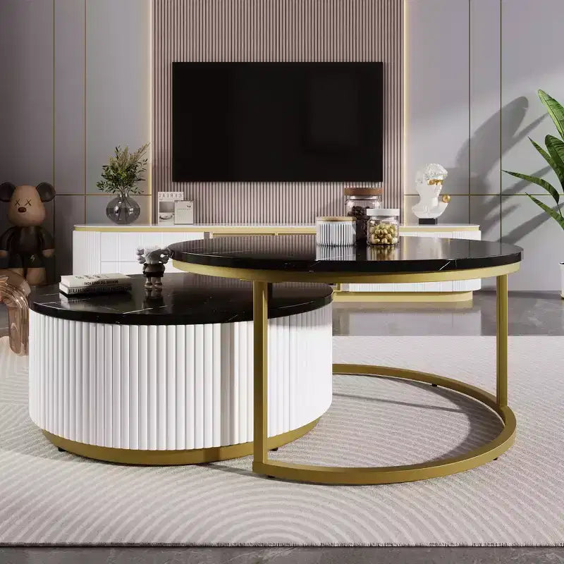 Tavolino da caffè moderno rotondo a incastro con base scanalata, cassetto