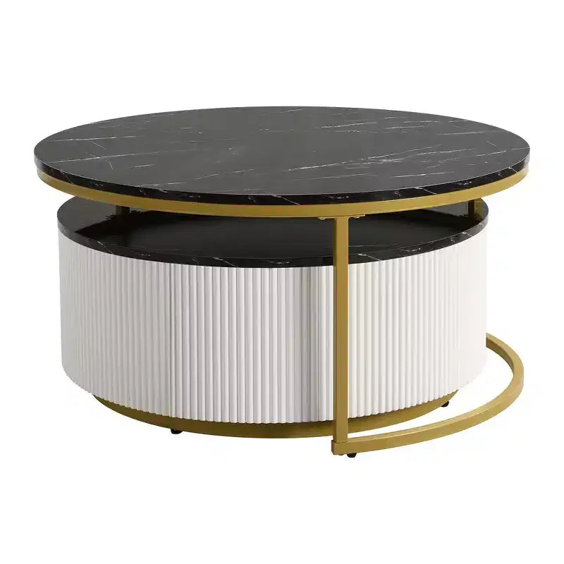 Tavolino da caffè moderno rotondo a incastro con base scanalata, cassetto