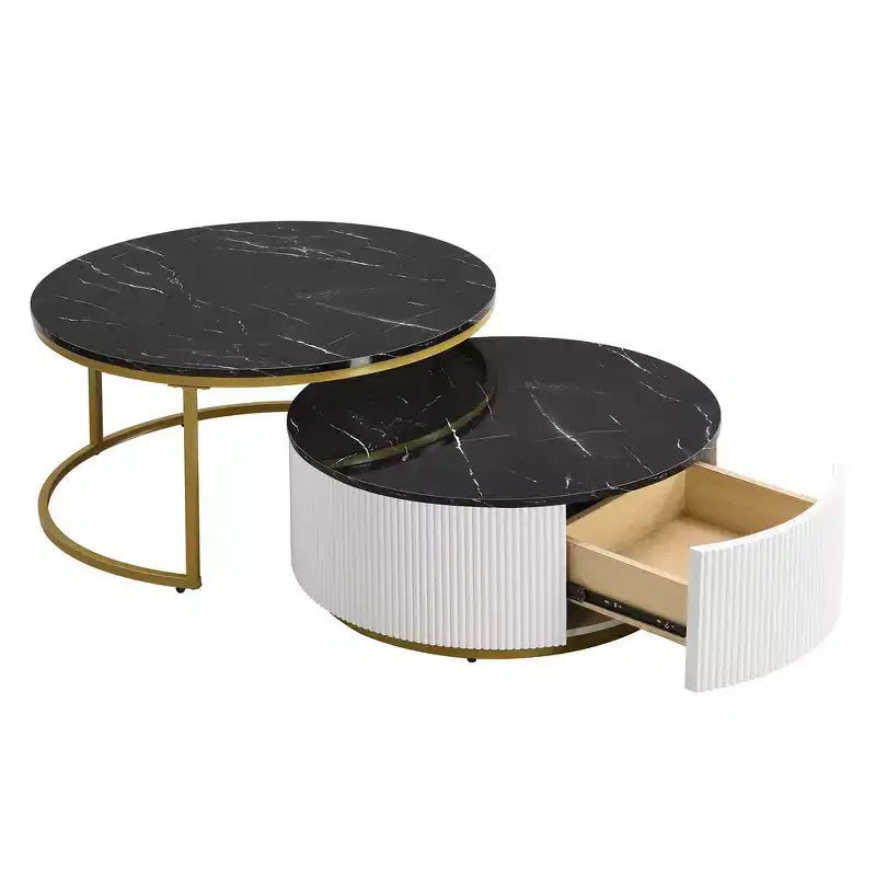 Tavolino da caffè moderno rotondo a incastro con base scanalata, cassetto