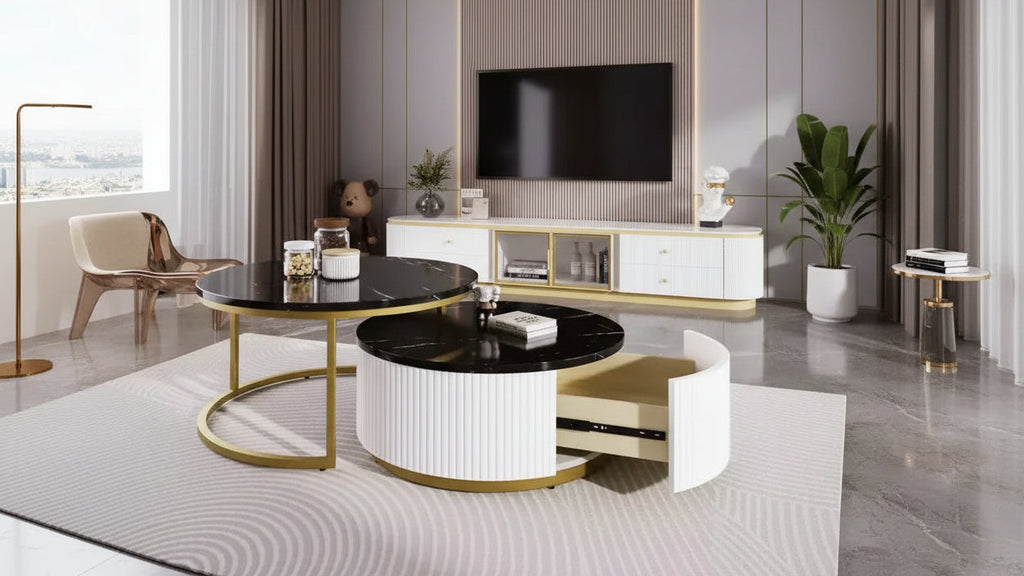 Whisen Modern Round Nesting Coffee Table Set with Fluted Base, Drawer