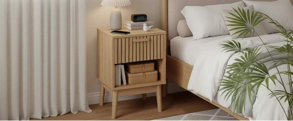 Boho Nightstand, Small Side Table with Drawer and Open Shelf, Bedside End Table with Decorated Drawer for Bedroom, Dorn, Living Room and Small Spaces
