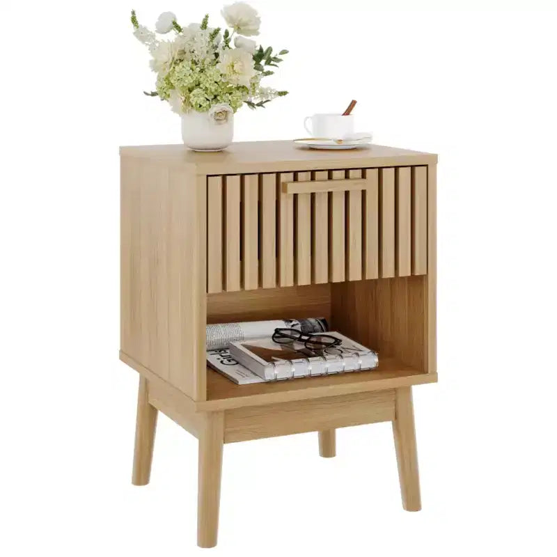 Comodino Boho, Tavolino Piccolo con Cassetto e Ripiano Aperto, Comodino con Cassetto Decorato per Camera da Letto, Dormitorio, Soggiorno e Piccoli Spazi
