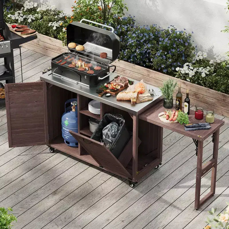 78.3 pollici Cucina da Esterno con Piano di Lavoro in Acciaio Inox, Postazione BBQ Pieghevole e Armadietti Contenitori, Marrone Scuro