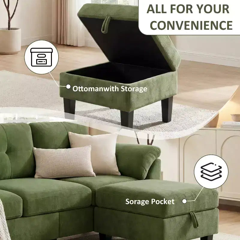 Divano a tre posti in stile moderno da 79 pollici, a forma di poltrona, con poggiapiedi mobile e poggiapiedi contenitore