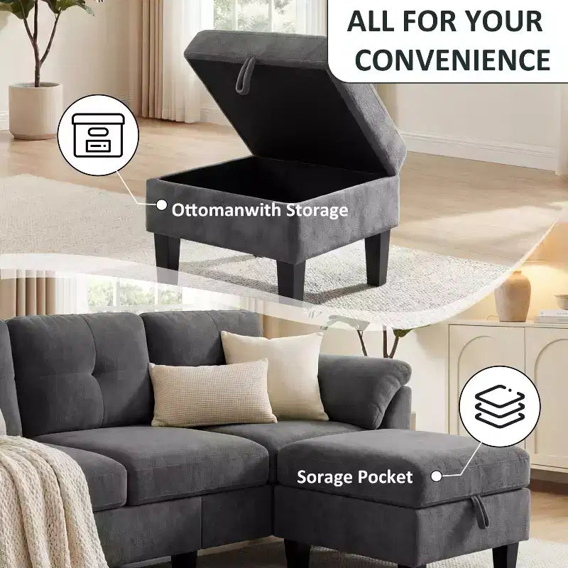 Divano a tre posti in stile moderno da 79 pollici, a forma di poltrona, con poggiapiedi mobile e poggiapiedi contenitore