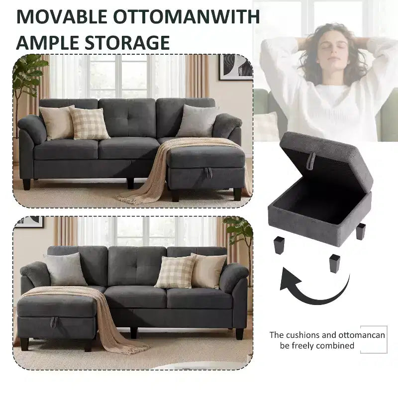 Divano a tre posti in stile moderno da 79 pollici, a forma di poltrona, con poggiapiedi mobile e poggiapiedi contenitore