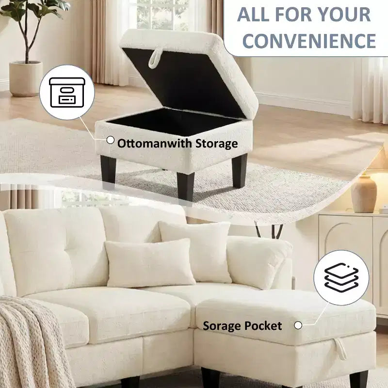 Divano a tre posti in stile moderno da 79 pollici, a forma di poltrona, con poggiapiedi mobile e poggiapiedi contenitore