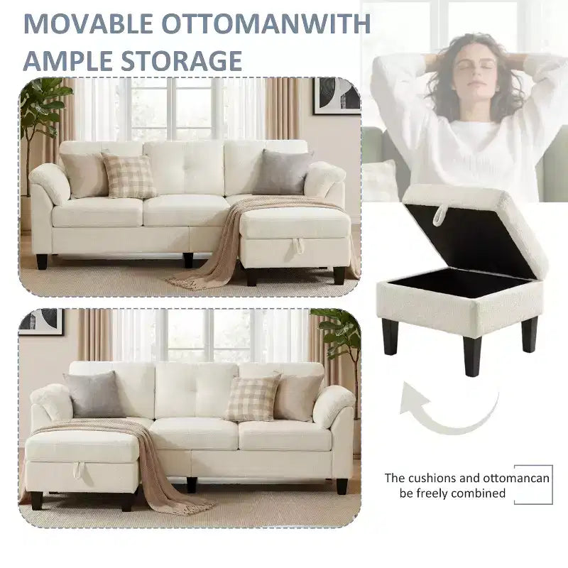 Divano a tre posti in stile moderno da 79 pollici, a forma di poltrona, con poggiapiedi mobile e poggiapiedi contenitore