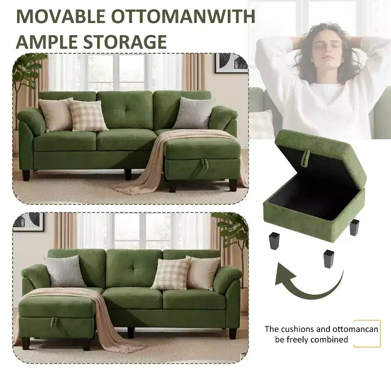 Divano a tre posti in stile moderno da 79 pollici, a forma di poltrona, con poggiapiedi mobile e poggiapiedi contenitore